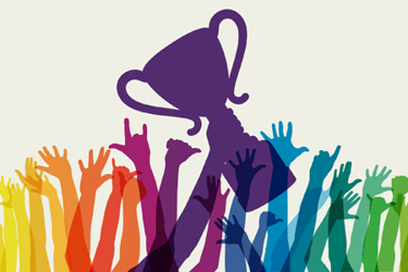 Raised rainbow arms with trophy GettyImages-1369001065