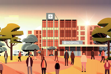 Multiethnic people group standing near hospital-GettyImages-1486516589