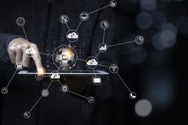 Hand touching to tablet and virtual artificial intelligence with cloud technology-iStock-1221829701